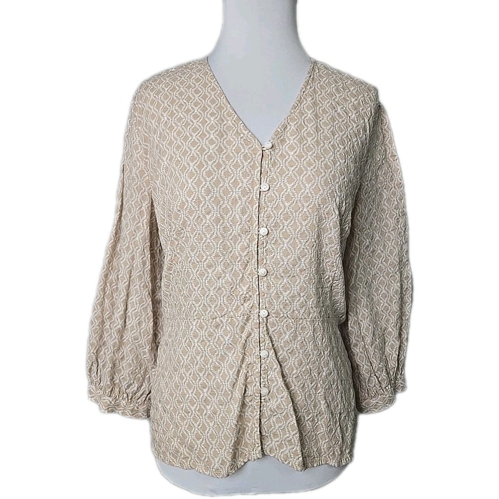 Liz‎ Claiborne Beige White Geometric Print 3/4 Sleeve Button Front Blouse Top L
